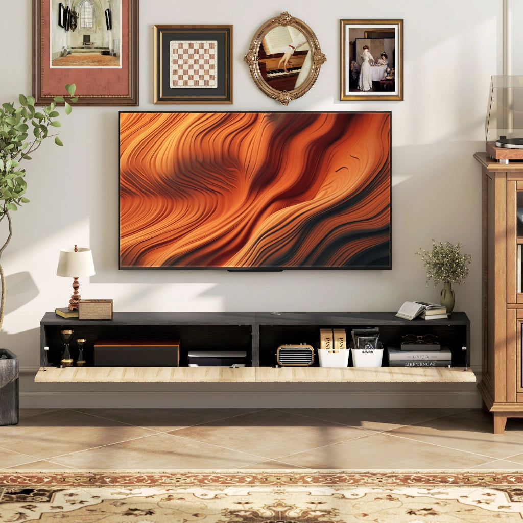Mobile TV sospeso ¨C Xylo ¨C legno naturale e nero, 140x25x22cm, 2 ante