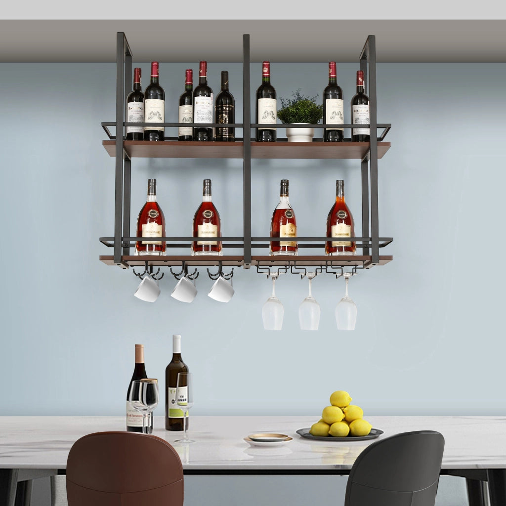 Portabottiglie Sospeso da Soffitto Hubro con Binari per Calici e Ganci per Tazze 100x30x85 cm Nero/Effetto Noce [en.casa]
