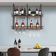 Portabottiglie Sospeso da Soffitto Hubro con Binari per Calici e Ganci per Tazze 100x30x85 cm Nero/Effetto Noce [en.casa]