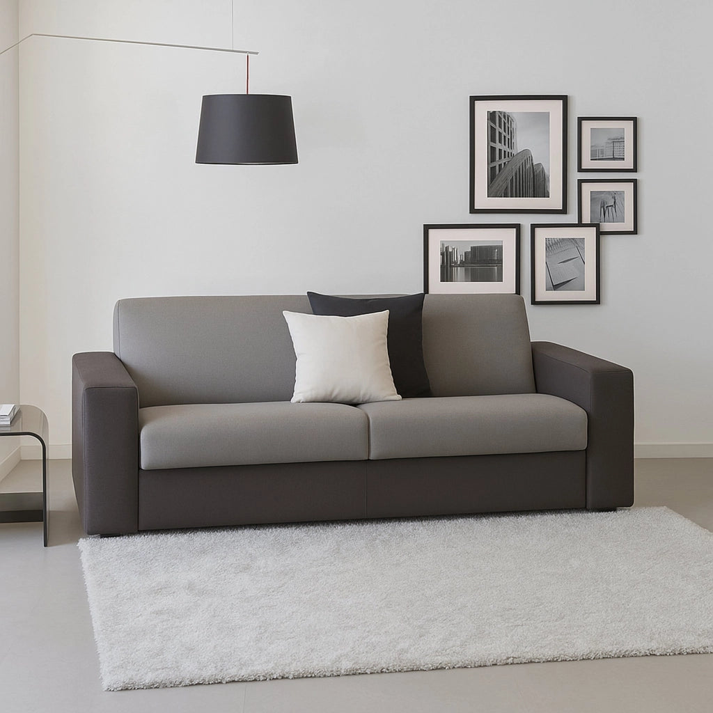 Divano fisso Azier, Divano a 2 posti Large, Made in Italy, SofÒ  Soggiorno in tessuto imbottito, con Braccioli standard, cm 200x95h90, Grigio e Antracite