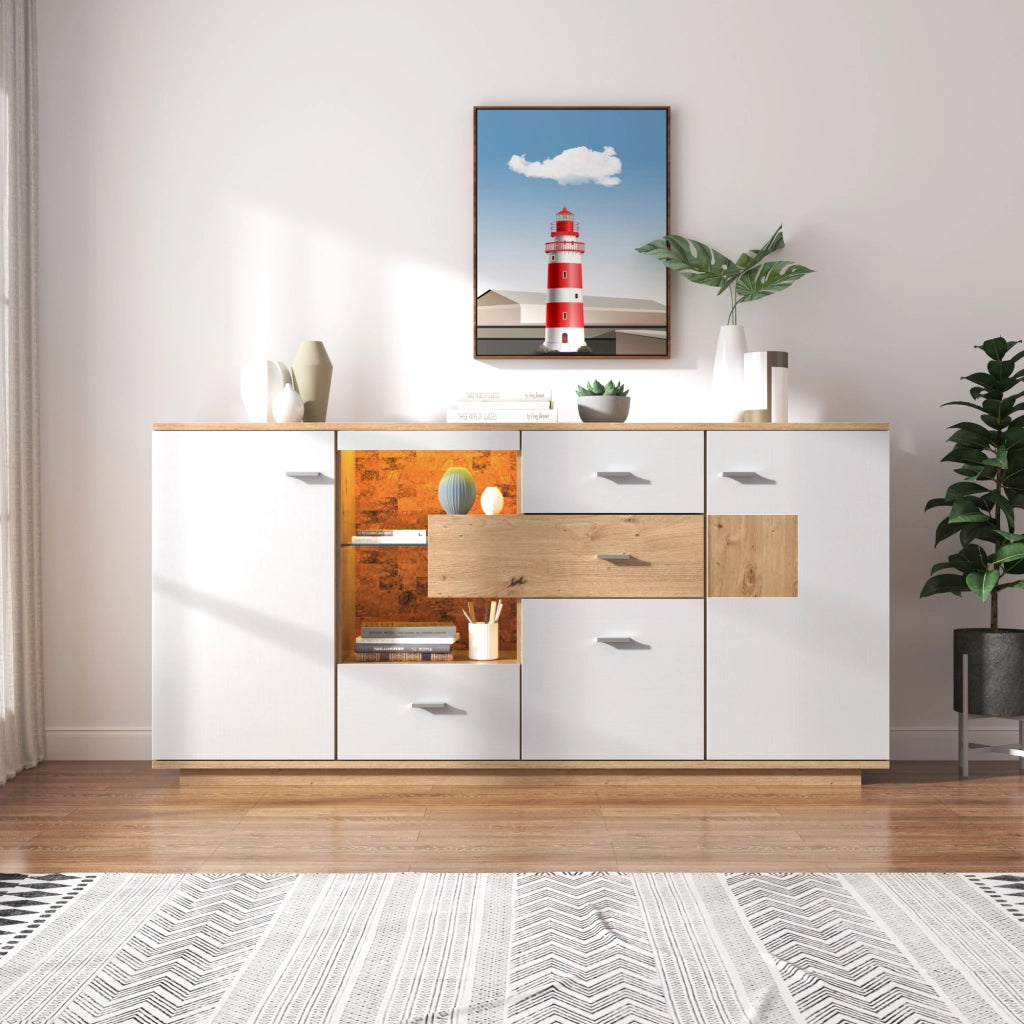 OKWISH Credenza Contenitore con 2 Ante e 4 Cassetti, Ripiani Regolabili e LED, per Soggiorno, MDF, 160 x 40 x 77 cm