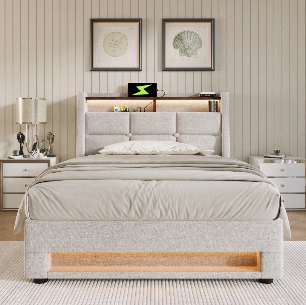 Letto imbottito singolo 90x200 cm beige con LED, USB e vano contenitore
