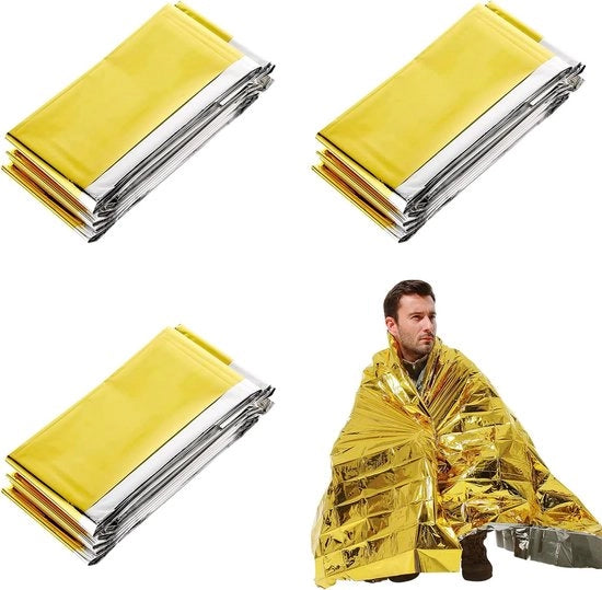 Tessuto termico - coperta di emergenza, - oro/argento - 3 pezzi - 210 x 160 cm - coperta termica di sopravvivenza - coperta di soccorso - protegge dal freddo, pioggia, calore e vento - esterno