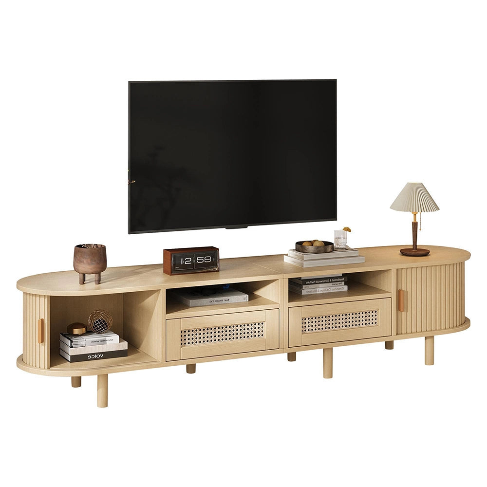 Mobile TV Ovale 170x40x40cm - Xylo - 2 Cassetti in Vimini, 2 Ante Scorrevoli, Legno