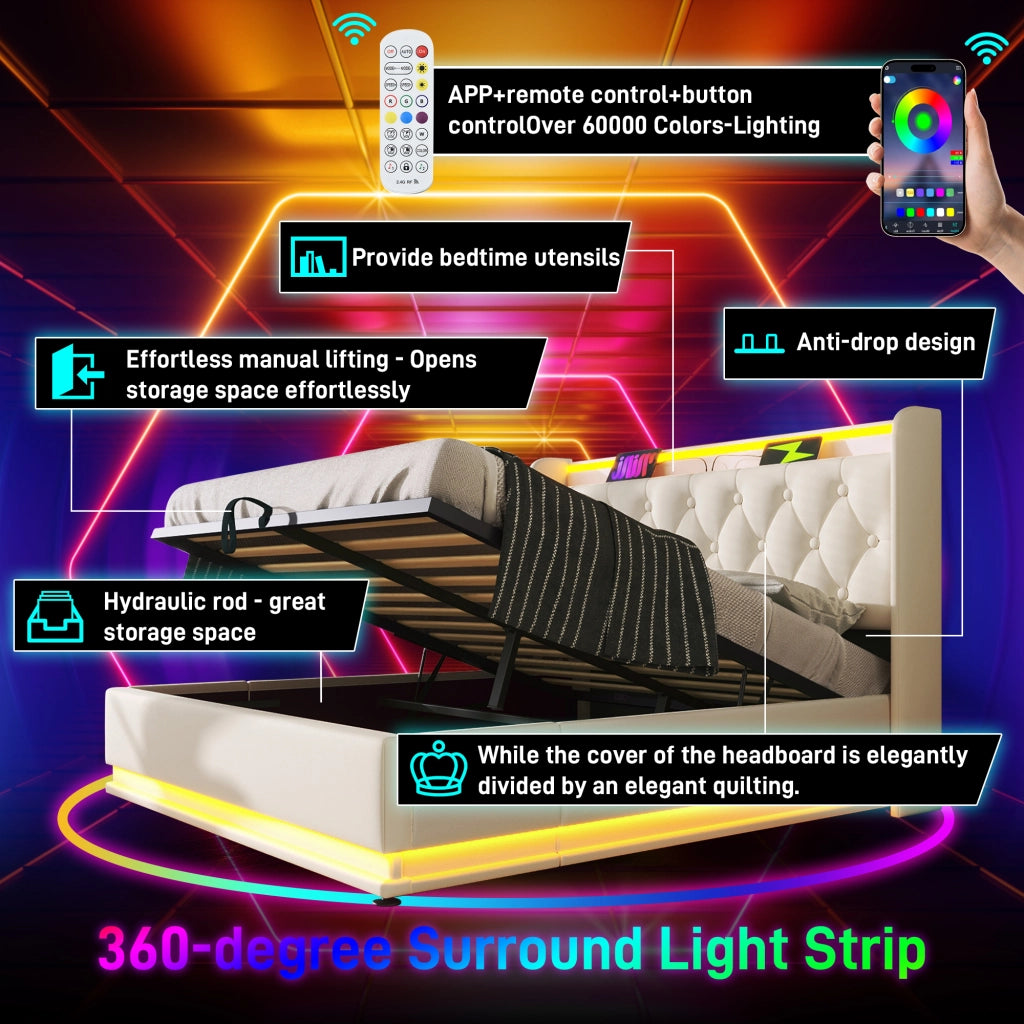 DESMIU Lit Double 140 × 190 cm con LED, USB e Type-C, contenitore idraulico, senza materasso, in PU, bianco