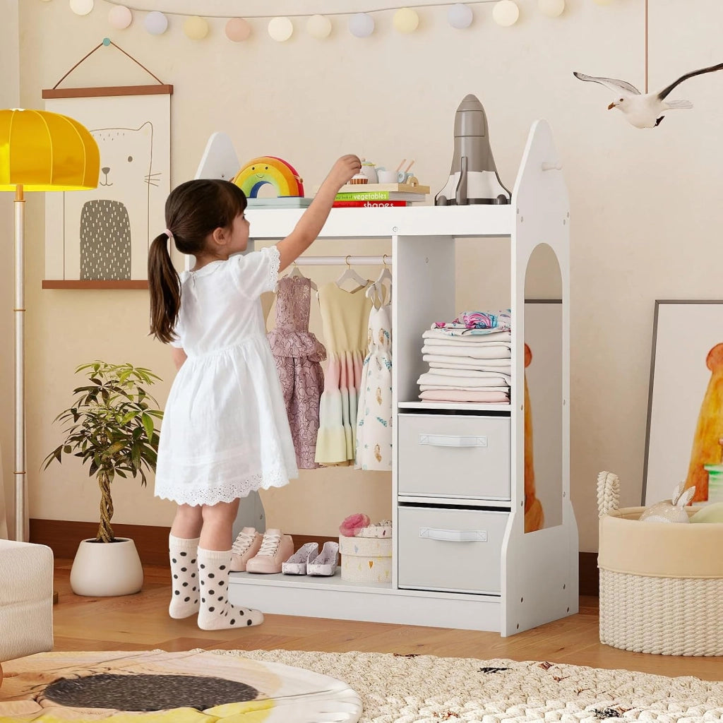 Guardaroba per Bambini, Armadio Gioco con Specchio Appendiabiti, Cassette in Tessuto Pieghevoli, Organizer per Stanza e Camera da Letto, 81 x 38 x 107 cm (Bianco)