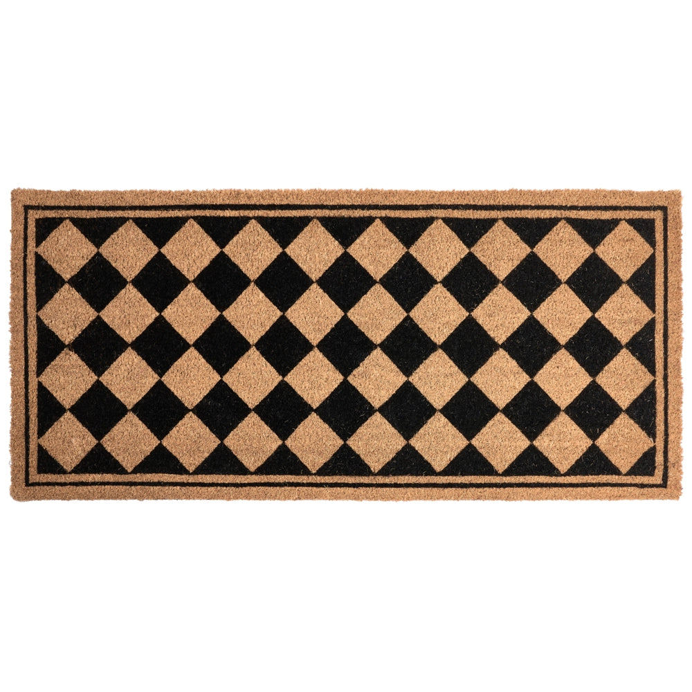 Zerbino in fibra di cocco beige e nero con fondo antiscivolo, 55 x 120 cm. Zerbino decorativo antiscivolo con motivo a rombi