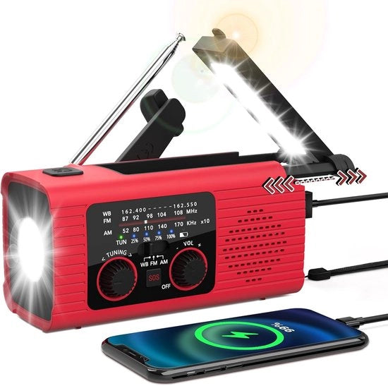 Radio a batterie 4000 mah, 4000 mah radio solare manuale FM/AM con caricabatteria per telefono cellulare, torcia LED, lettore di libri, allarme di emergenza, ingresso per auricolare esterno, funzione di ricarica USB rossa