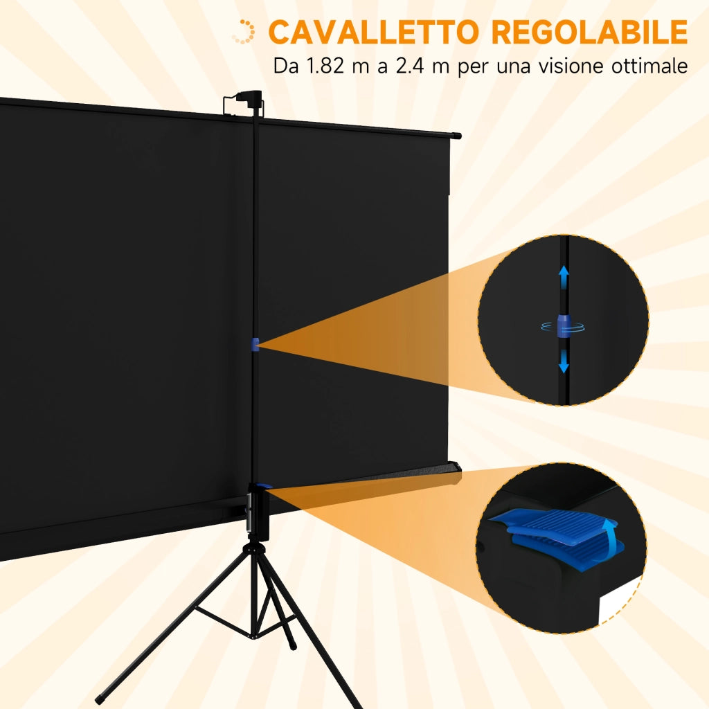 Telo Proiettore Pieghevole da 84" Formato 16:9 con Treppiede Regolabile. 200x8x118 cm. Nero