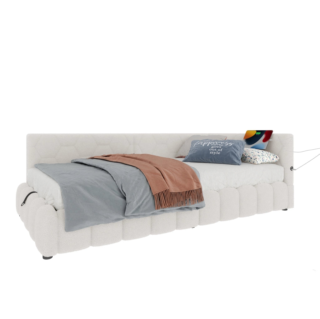 Letto daybed 90x200 cm con contenitore; LED; USB e Type-C; in Vliesimitat bianco