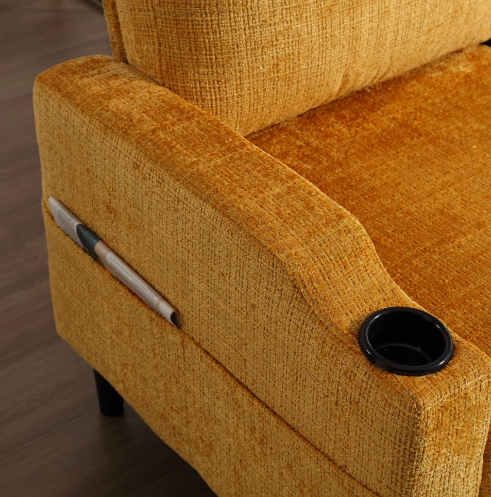 Divano 4 posti 196.5x75x77 cm con pouf contenitore; portabicchieri e tasche laterali in chenille gialla