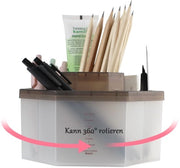 Pen holder rotante 5 compartimenti - design 360°, materiale PP, grande compartimento centrale + 4 piccoli compartimenti - ideale per pennarelli, forbici, gomme - organizzatore per ufficio/bureau, trasparente marrone.