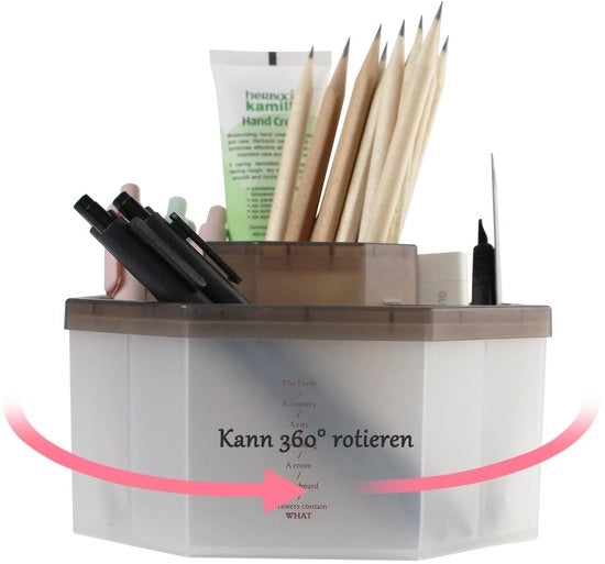 Pen holder rotante 5 compartimenti - design 360°, materiale PP, grande compartimento centrale + 4 piccoli compartimenti - ideale per pennarelli, forbici, gomme - organizzatore per ufficio/bureau, trasparente marrone.