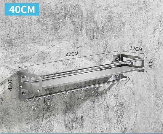 Sostegno da parete per cucina e bagno, 40 cm con 8 ganci, per l'organizzazione di contenitori per spezie e piatti in cucina