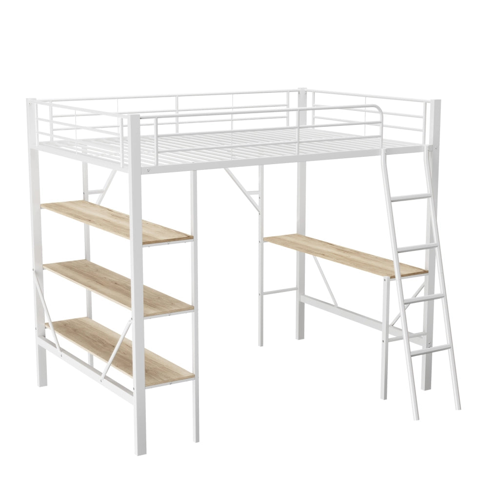 Letto a soppalco 90x200 cm con scrivania e ripiani; MDF e metallo; bianco