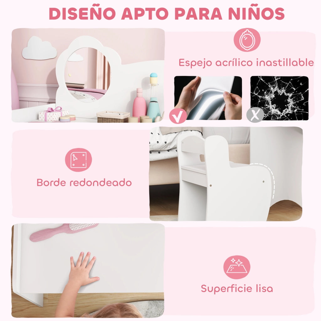 Scrivania Trucco Bambini 2 in 1 con Specchio Sgabello Scaffale ¨C Xylo ¨C Bianco