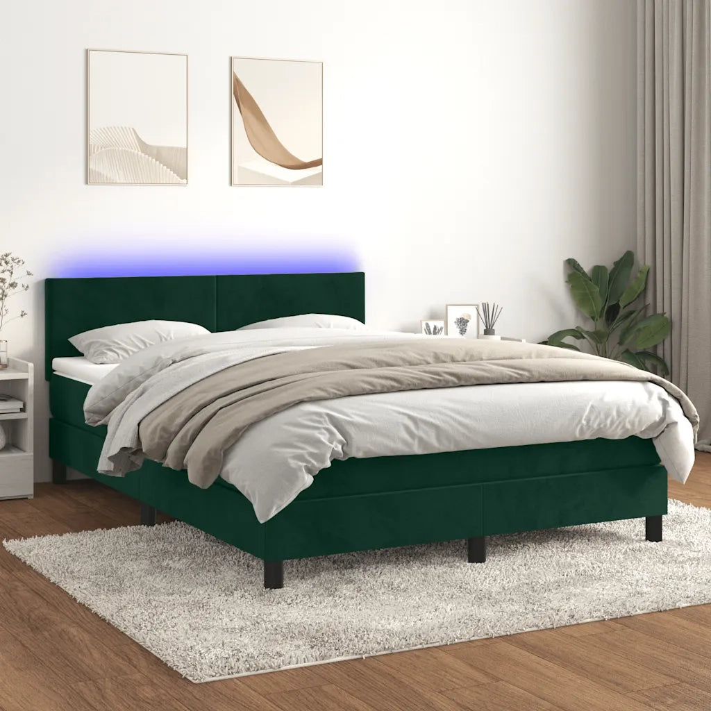 Letto a Molle con Materasso e LED Verde Scuro 140x200cm Velluto 3134288