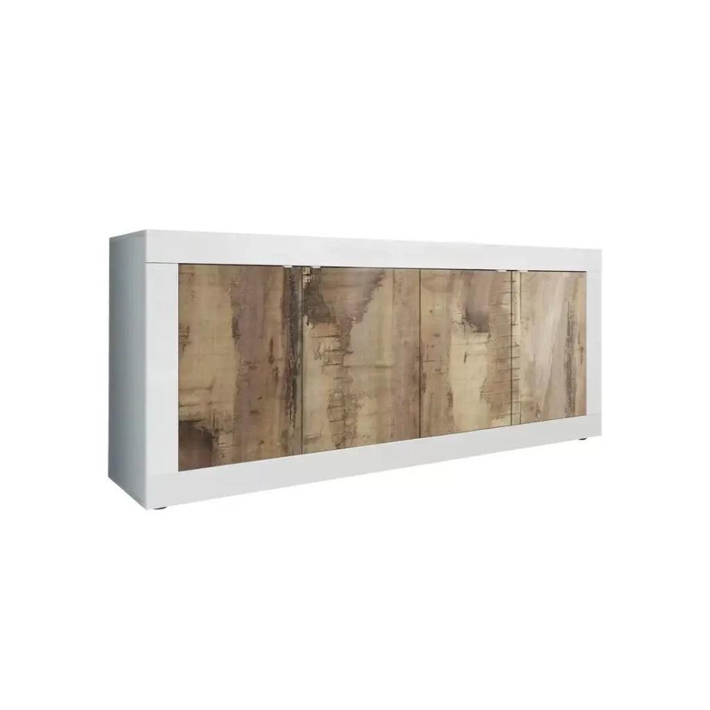 Buffet 4 porte, collezione ISORA, color bianco e rovere chiaro, ideale per un soggiorno o una sala da pranzo moderna