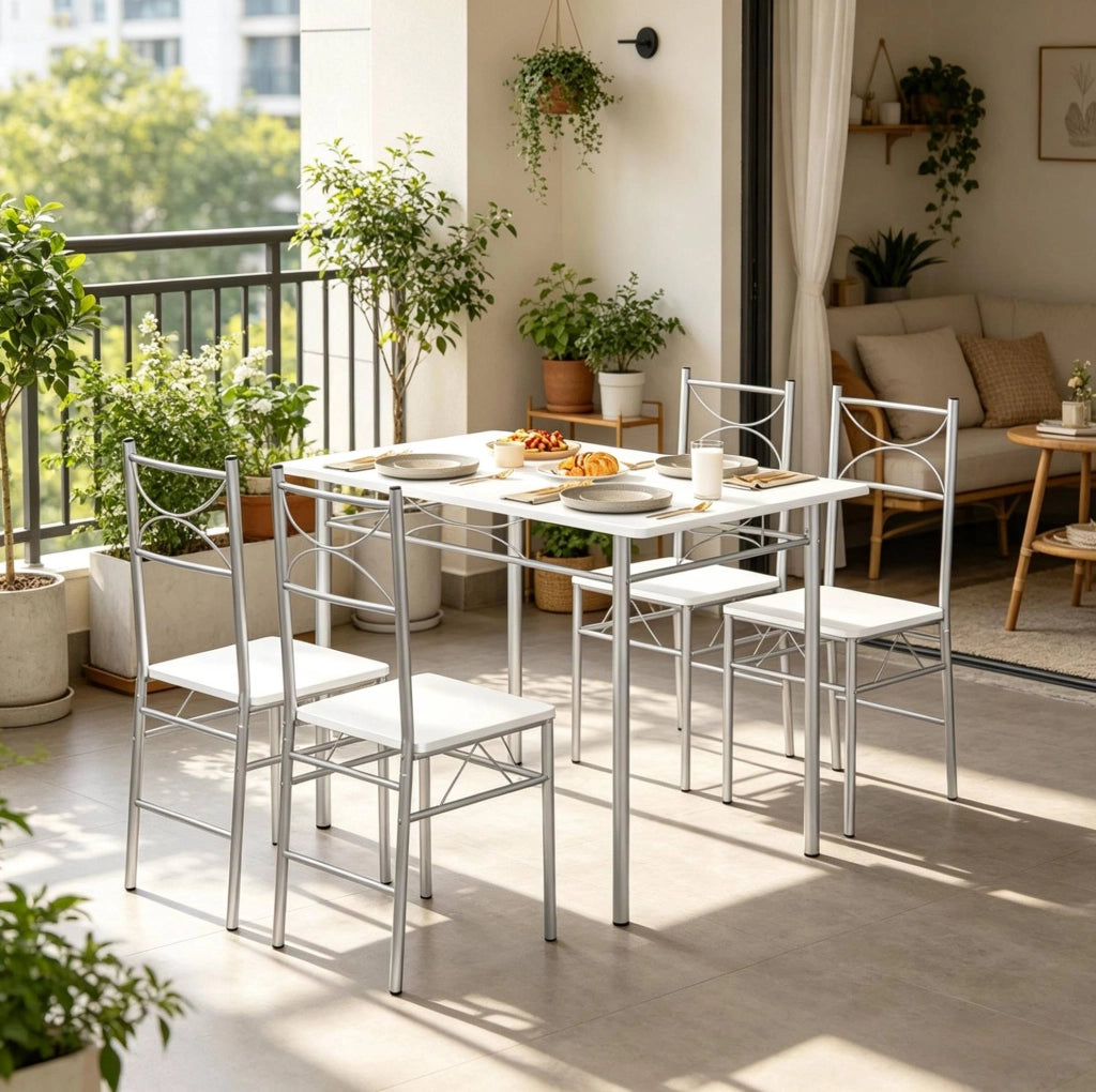 Set tavolo da pranzo con 4 sedie MDF e metallo bianco argento