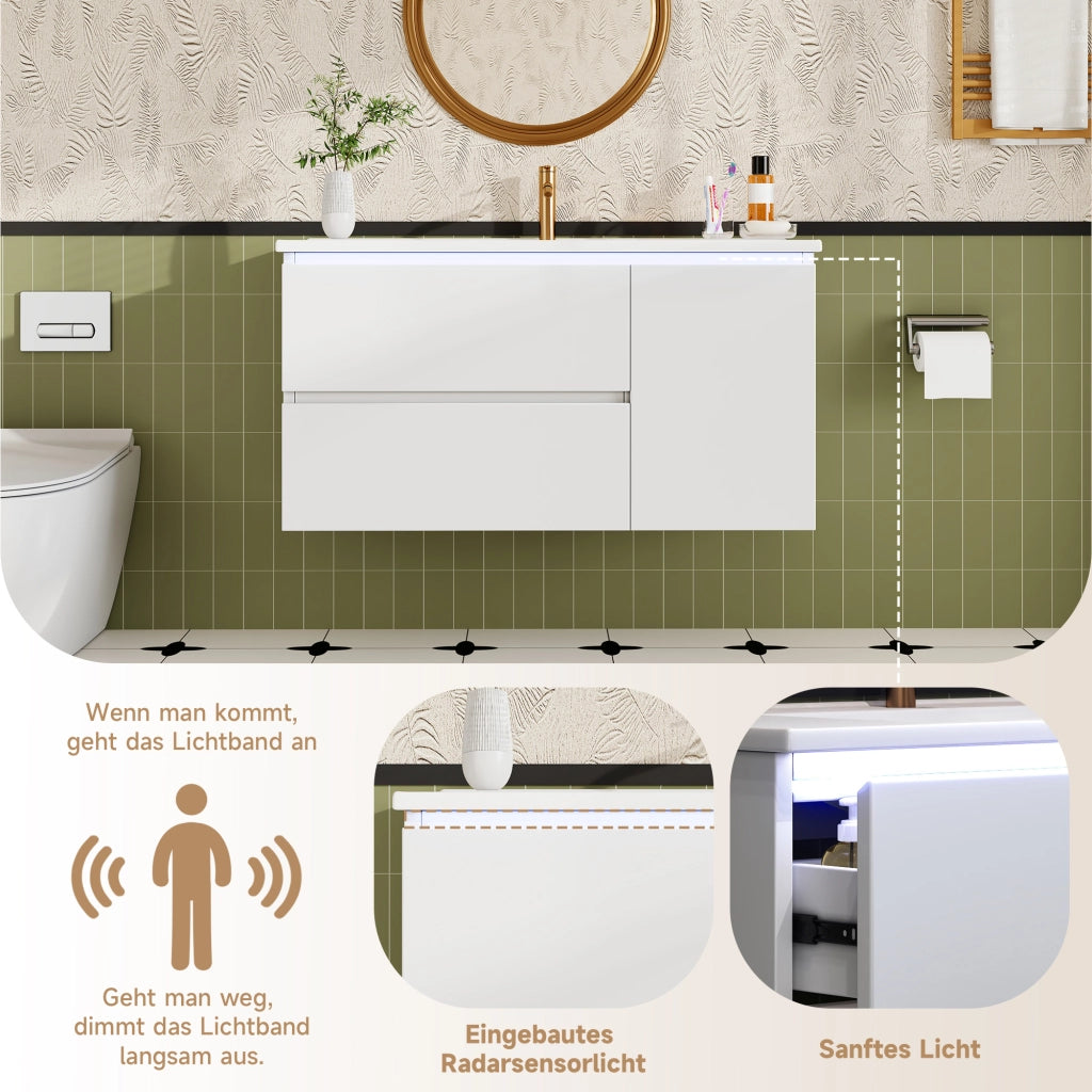 Mobile sottolavabo sospeso con lavabo in ceramica, 2 cassetti, vano laterale, LED con sensore radar, bianco