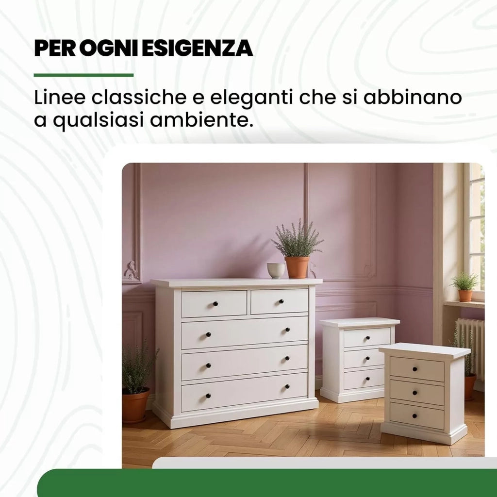 Gruppo como' a 5 cassetti  e 2 comodini a 3 cassetti laccato bianco opaco (1364) - Mobili 2G
