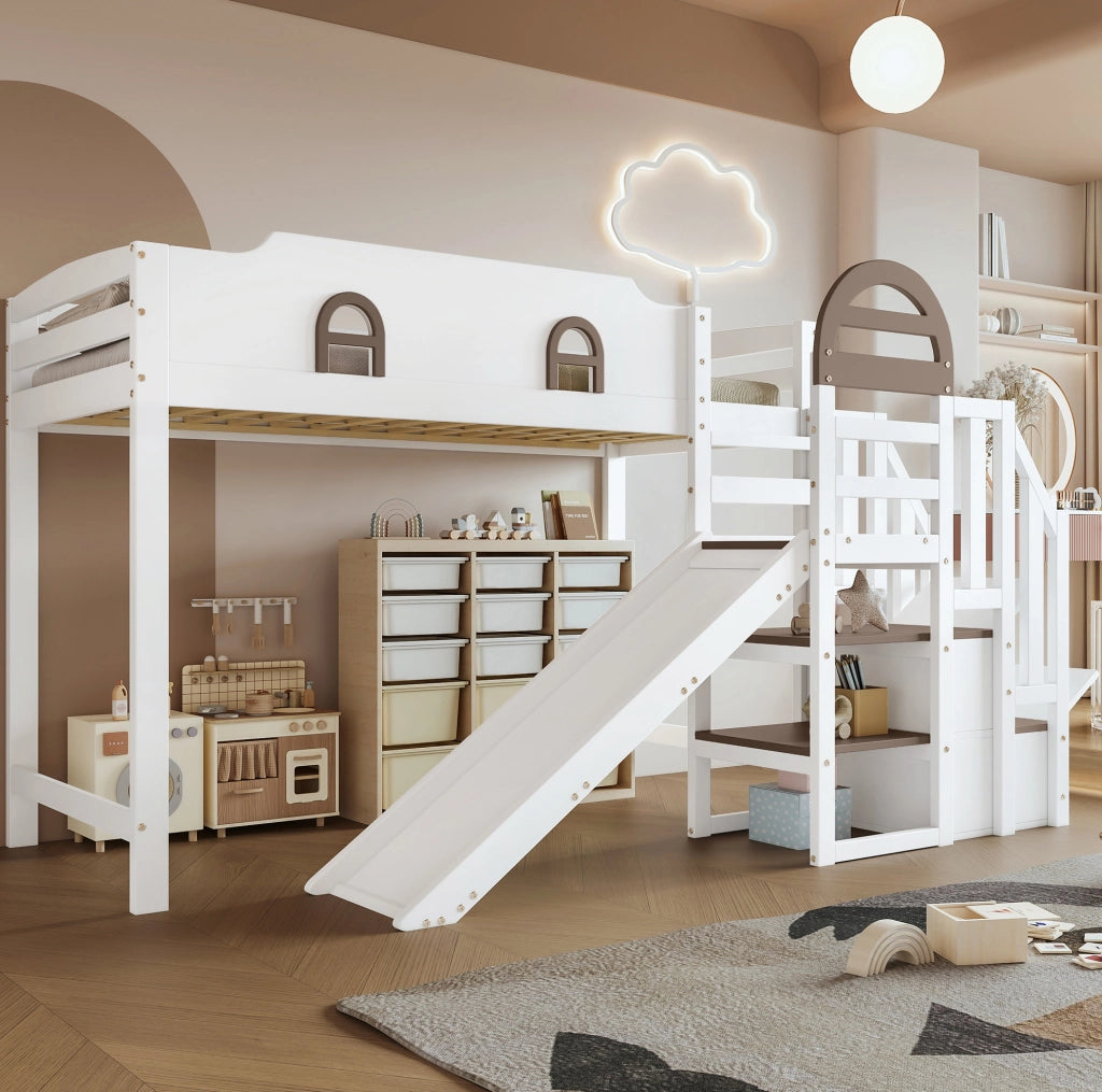 Letto a soppalco per bambini 90x200 cm con scivolo e scala