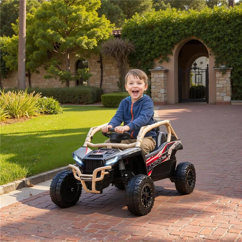 MACCHINA ELETTRICA PER BAMBINI 3-8 ANNI 12V CON LICENZA KAWASAKI, DOPPIO MOTORE, TELECOMANDO E MUSICA, GIALLO