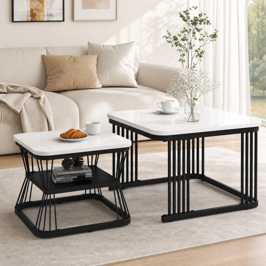 Set di 2 tavolini da salotto moderni in MDF effetto marmo; struttura in acciaio nero; bianco