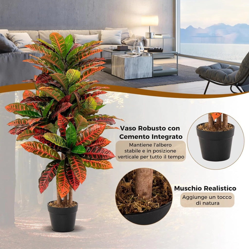 Pianta Artificiale di Croton 100 CM, Albero di Croton Finto con Foglie Variopinte, Tronco Naturale in Legno, Pianta Finta Realistica per Ufficio e Casa