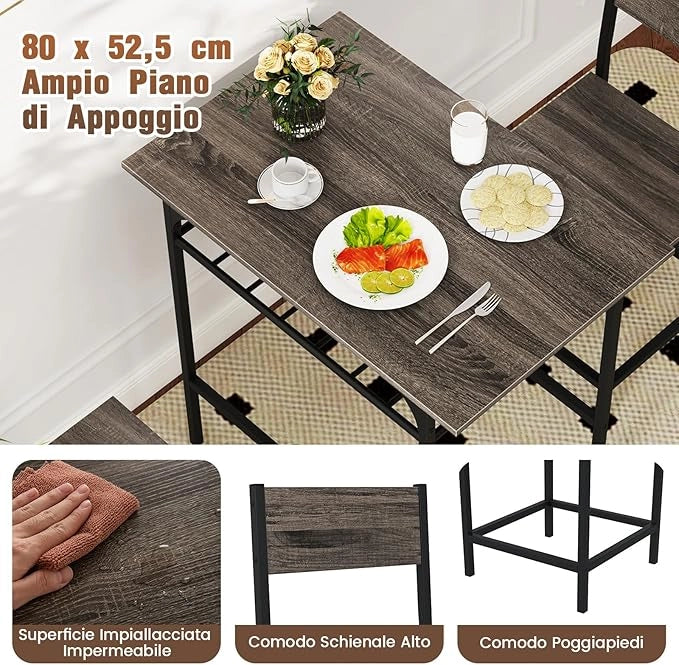 Set da Pranzo per 2 Persone, Set da 3 Pezzi di Tavolo Rettangolare in Legno e Sedie con Struttura in Metallo e Ripiano di Stoccaggio, per Angolo Colazione e Sala da Pranzo (Grigio)