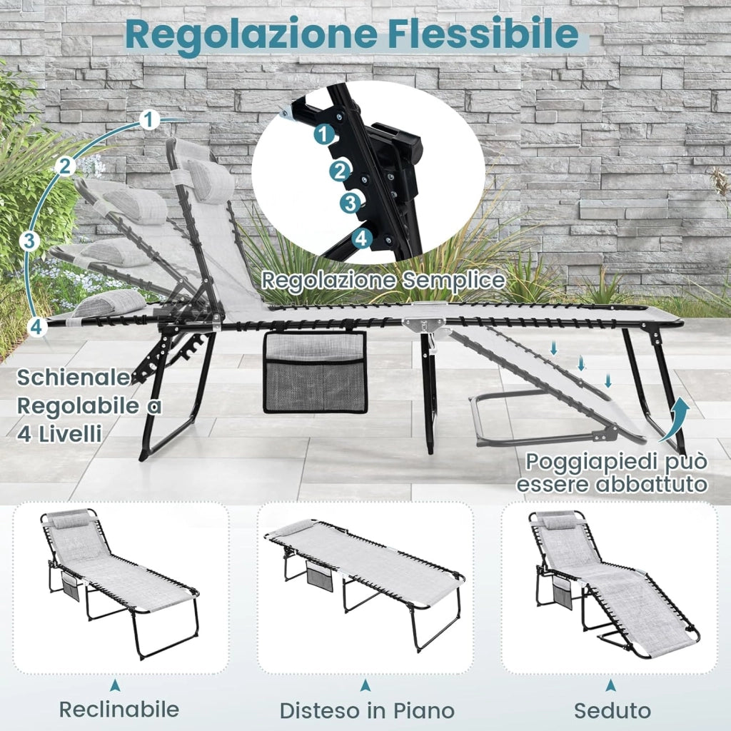 Lettino Prendisole da Giardino, Sedia a Sdraio Pieghevole con Schienale Regolabile, Cuscino Staccabile, Tasca, Portata 200 kg, 168-188 x 69 x 41-86 cm (Grigio)
