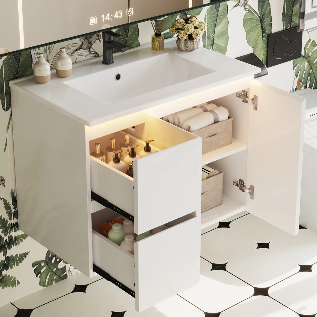 Mobile bagno sospeso con 2 cassetti; 1 mobile a 2 ante; LED e lavabo integrato per bagno; 76×47×57 cm; bianco
