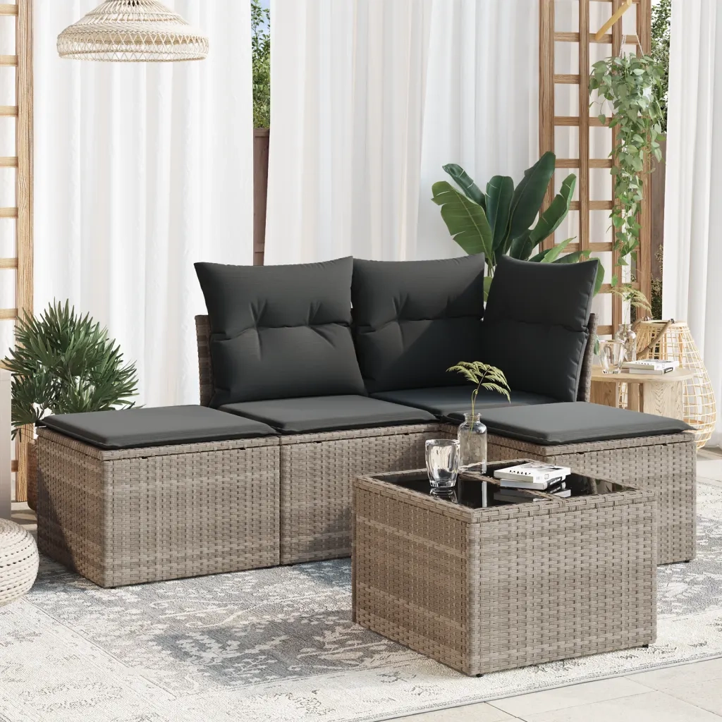 Set Divano da Giardino 5pz con Cuscini Grigio Chiaro Polyrattan