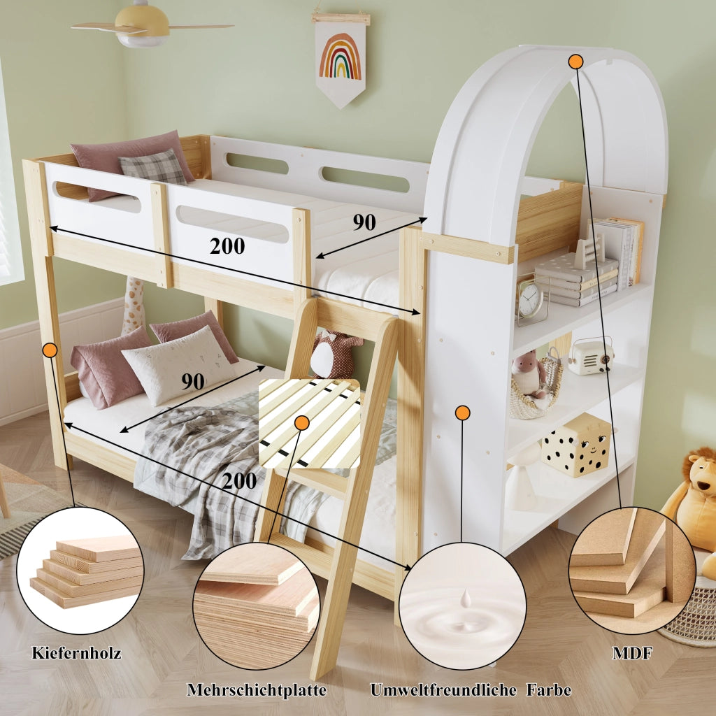 Letto a Castello 90x200 cm; con Mensola a 3 Ripiani e Scala a 3 Gradini - Bianco e Naturale