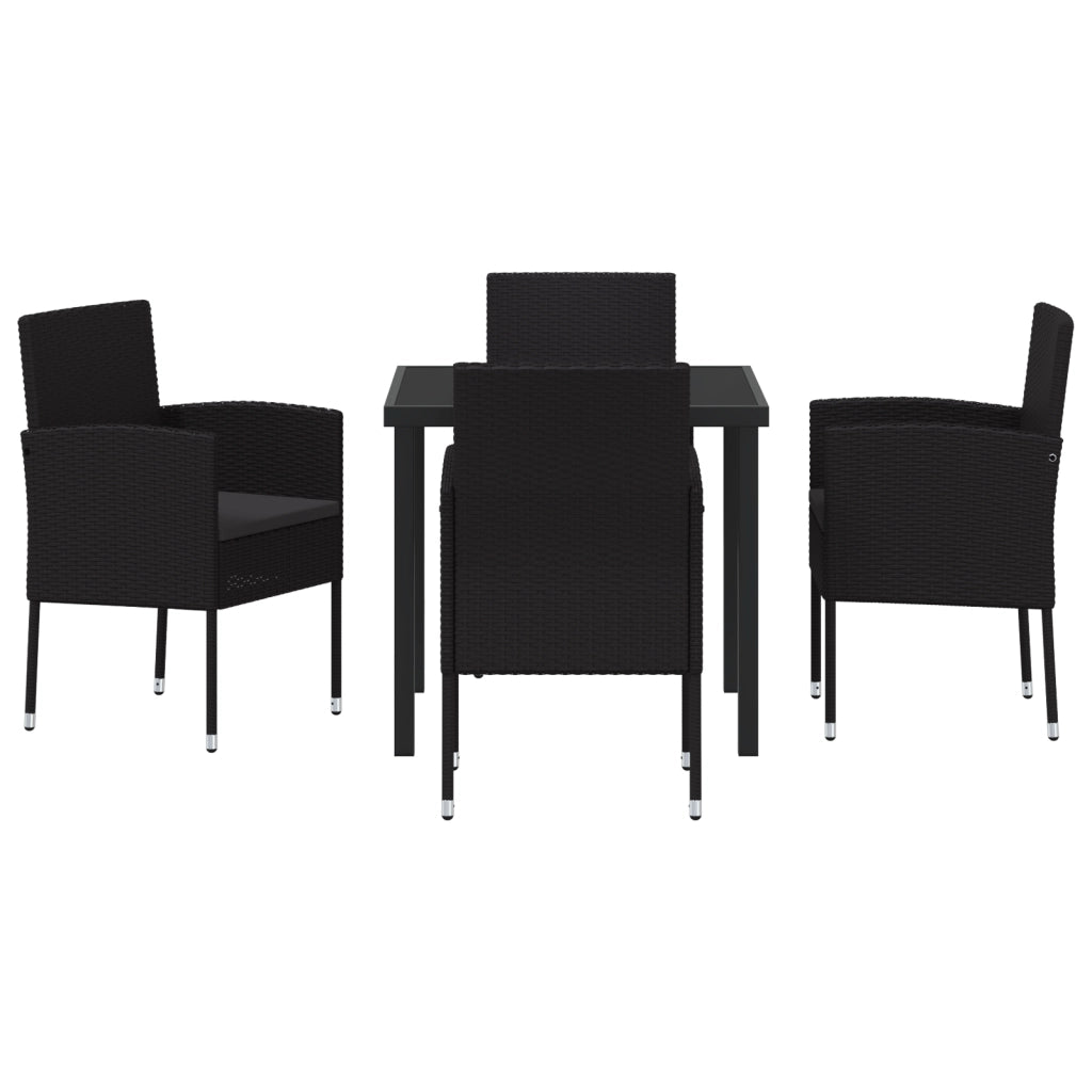 Set da Pranzo da Giardino 5 Pezzi con Cuscini Neri in Rattan Poligonale