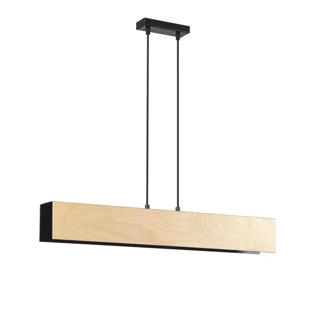 Lampadario 3 Luci Merlino In Acciaio Nero Corpo Rettangolare E Legno Naturale