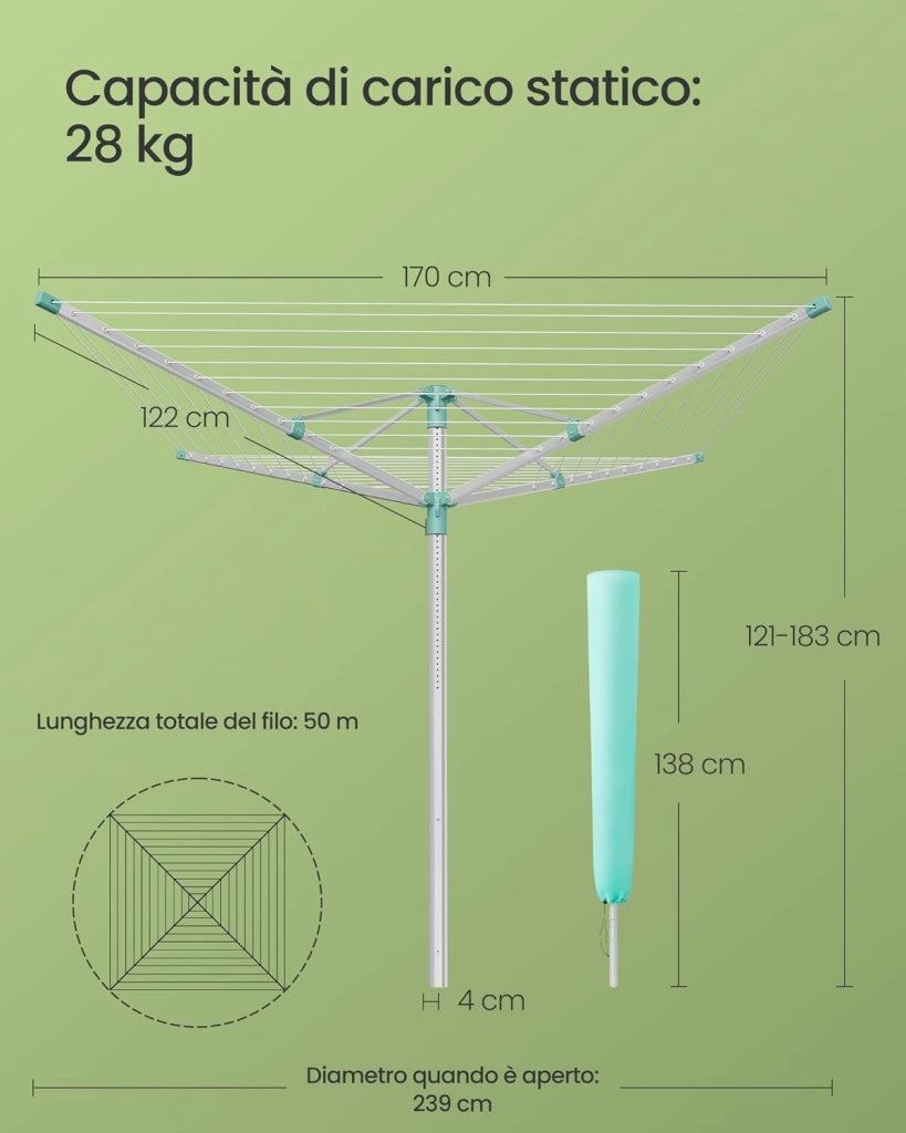 SONGMICS Stendibiancheria a Ombrello, Stendino da Esterno, Altezza Regolabile, Lega di Alluminio, Ancoraggio al Suolo, con Copertura, Clip, Argento e Verde, 50 m di Filo, per 5 Lavaggi LLR301E01V1