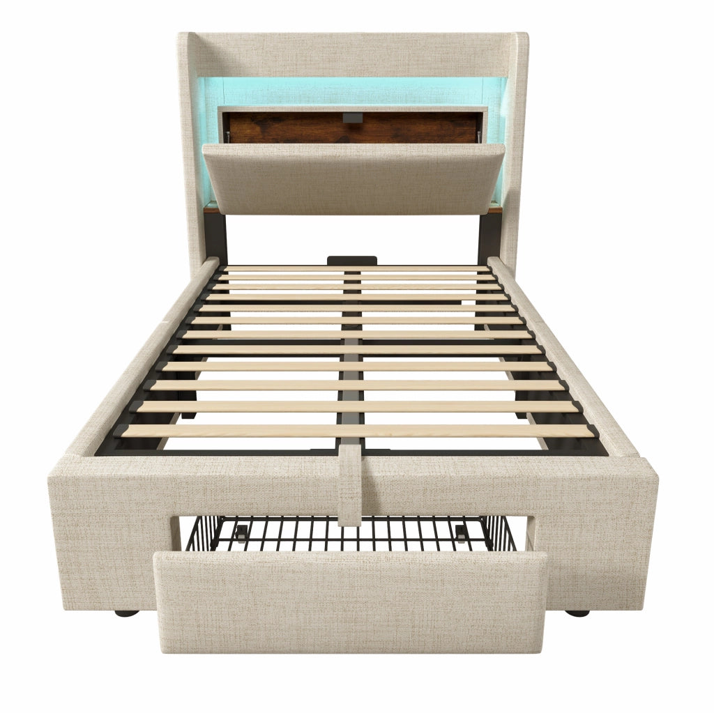 Letto contenitore 90x200 cm con LED; USB e USB C; beige; lino