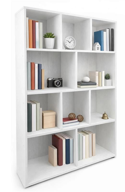 LIBRERIA MODERNA IN LEGNO BIANCO CON 10 RIPIANI SFALSATI DIMENSIONI 90X30X140 CM