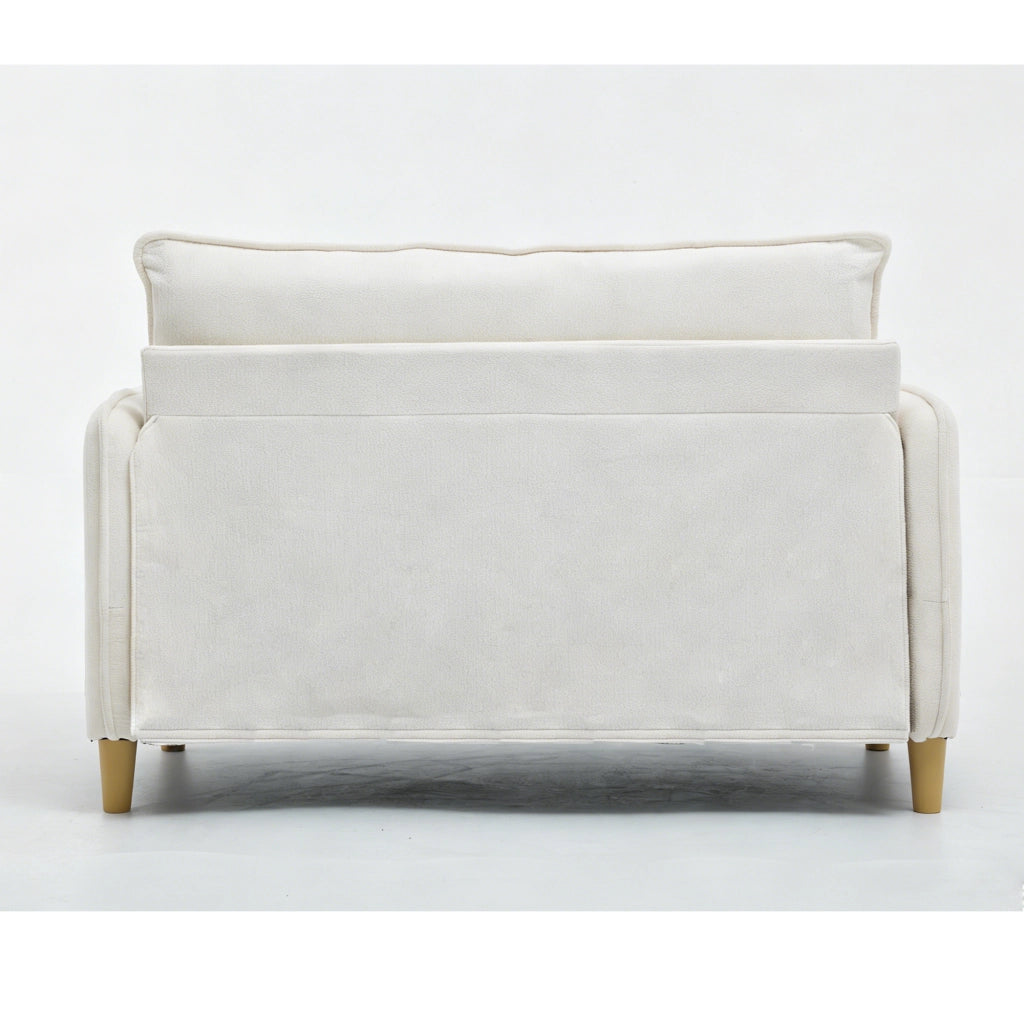 Divano a due posti compatto con braccioli, tasche laterali, schienale ergonomico e struttura in legno beige