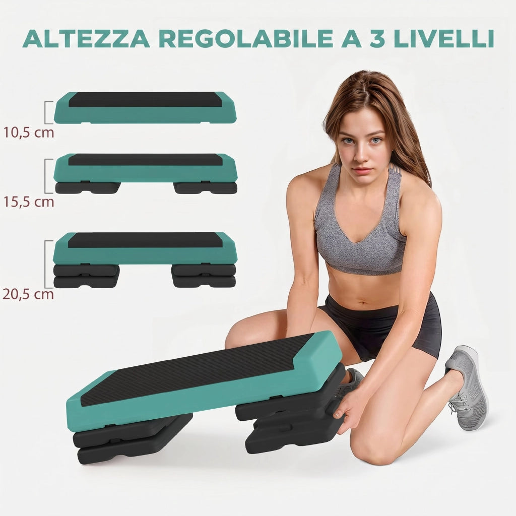 Stepper Fitness Regolabile a 10,5-15,5-20,5 cm con Superficie Antiscivolo e Capacità 250 kg in EVA e PE Verde