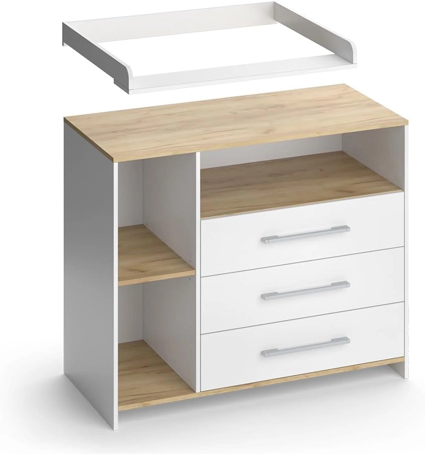 Fasciatoio Oskar, Rovere bianco/dorato, 113 x 93 cm con 3 cassetti