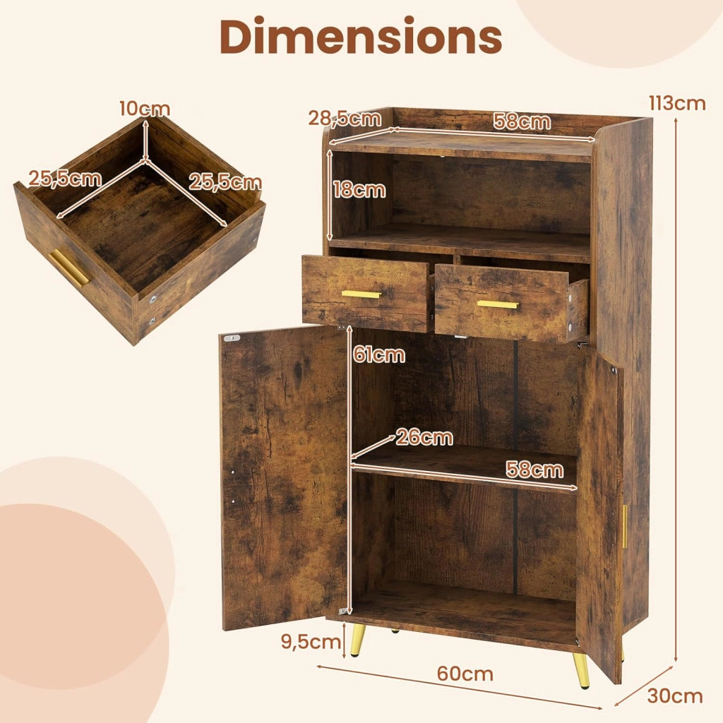 Credenza Cucina, Piano Superiore con Bordo Anticaduta, Scomparto Aperto, 2 Cassetti e Armadietto a Doppia Anta, Mobile Moderno con 2 Antiribaltamento per Soggiorno e Ingresso (Marrone)