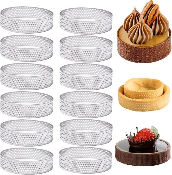 Tartine in Mousse per 12 pezzi in Acciaio Inossidabile per la preparazione di torte e dessert - Anelli per torte, Anelli per dessert, Anelli per dessert perforati - Per la preparazione di torta, torta, mousse - Fornello per 6 persone