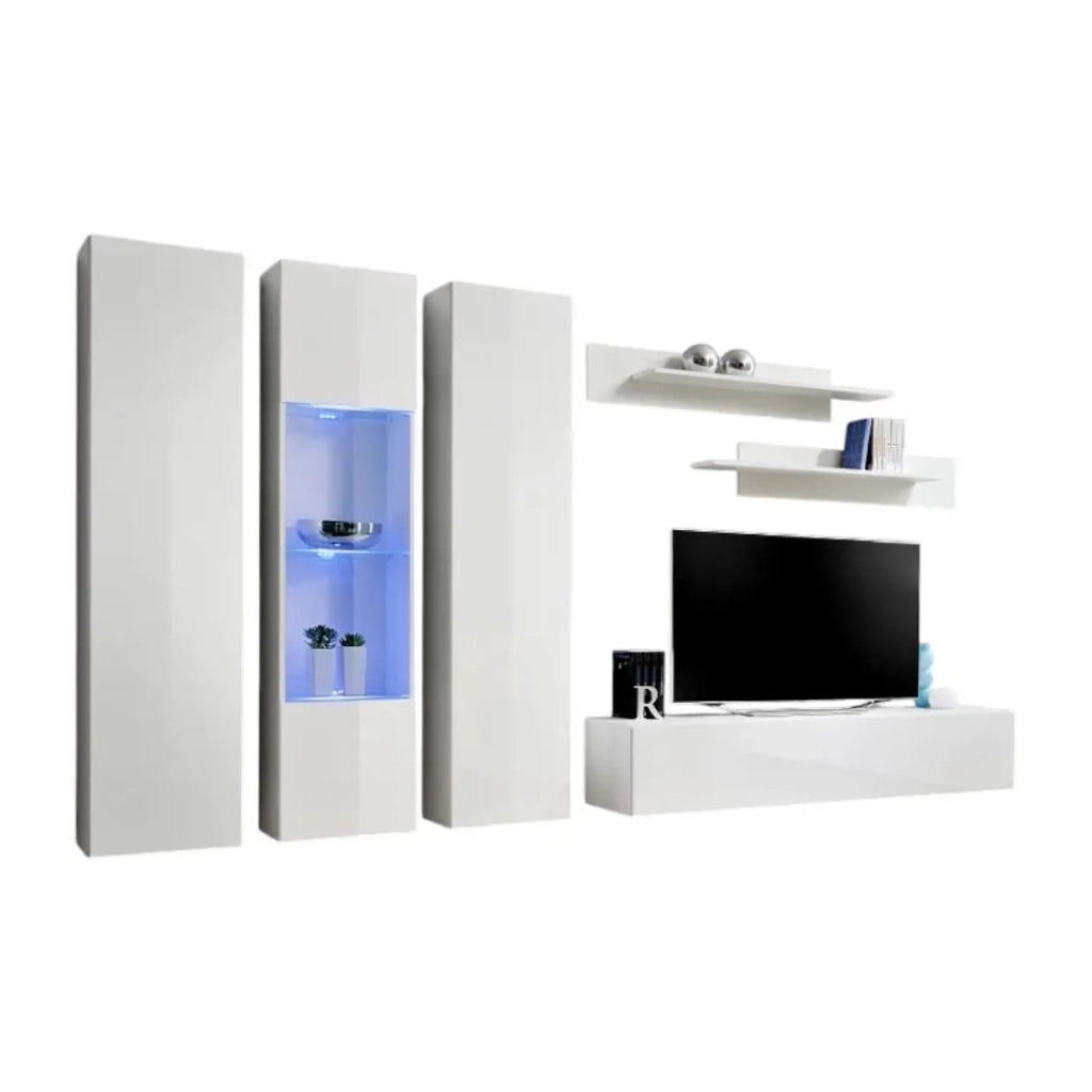 Mobile TV FLY C4 design, colore bianco lucido. Mobile sospeso moderno e alla moda per il tuo soggiorno.