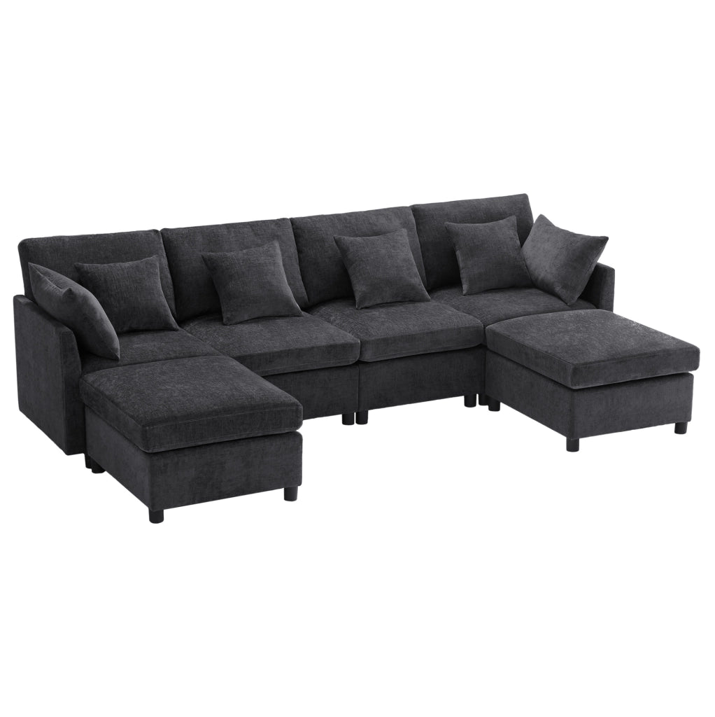 Divano modulare 4-6 posti in chenille grigio con 2 pouf