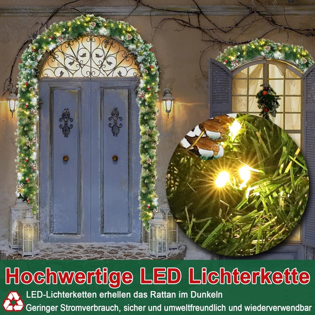 Ghirlanda natalizia con illuminazione, 800 cm, ghirlanda di abete natalizio, funzionamento a batteria con pigne rosse, decorazione natalizia per esterni
