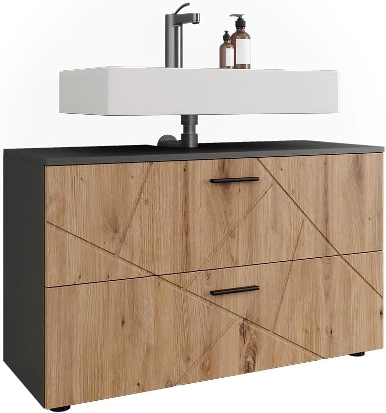 Mobiletto per lavabo Irma, Antracite/Artisan, 100.1 x 60.6 cm con 2 cassetti, adatto per lavabi standard con foro per sifone