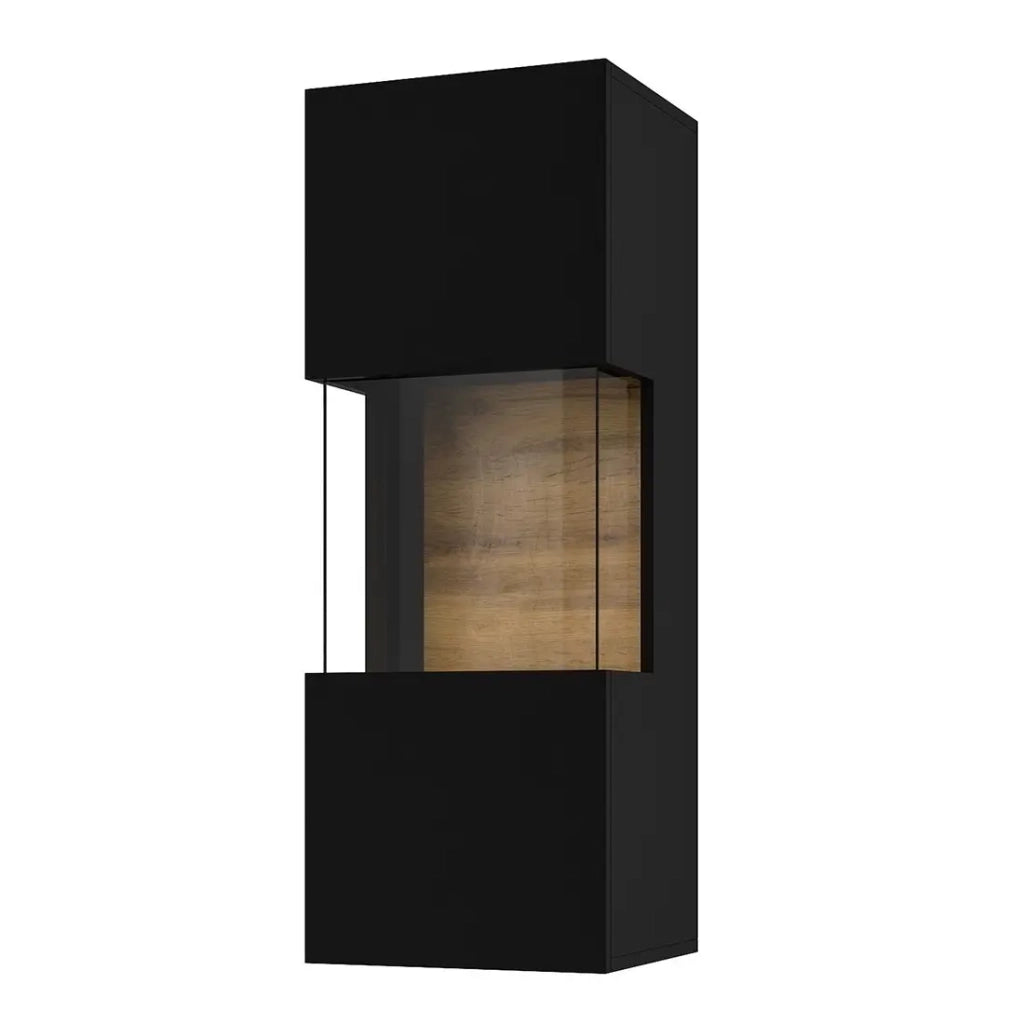 Piccola vetrina sospesa a 1 porta parzialmente vetrata collezione EVA. Colore nero e rovere.