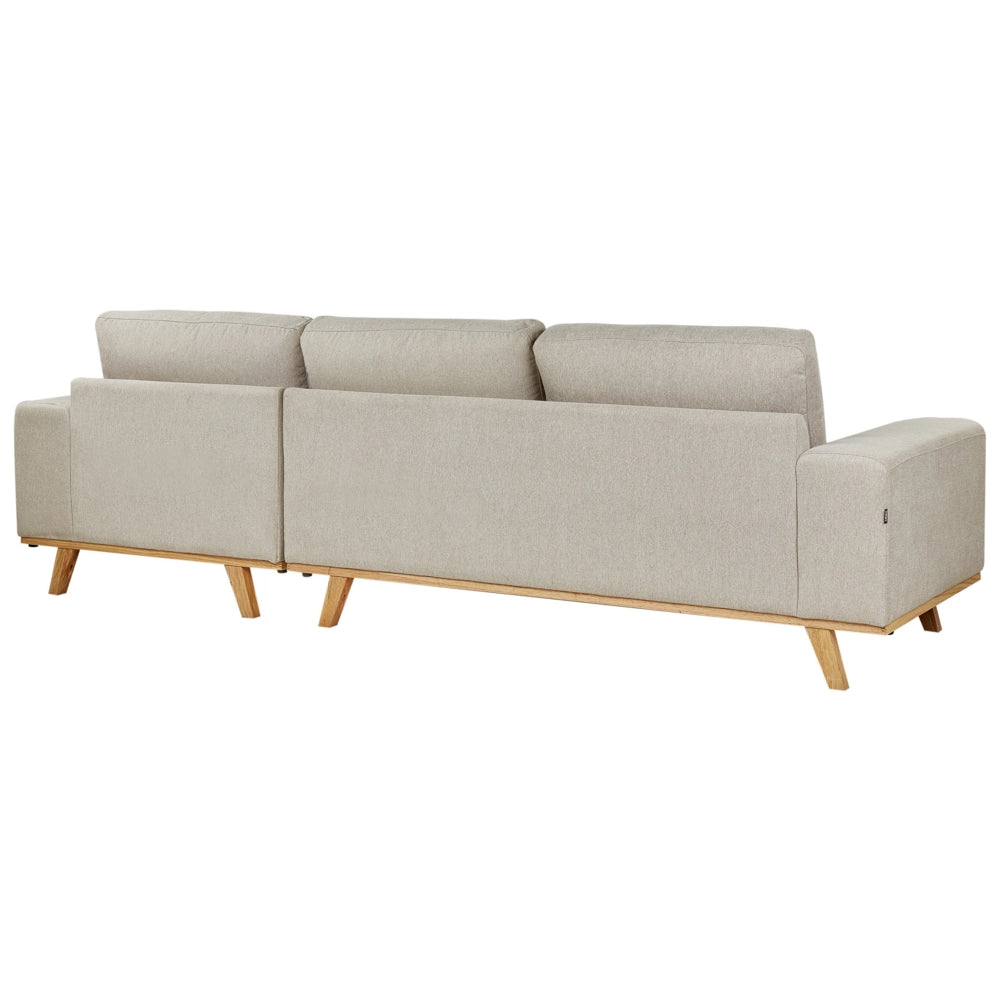 Divano angolare Beige Rivestimento in tessuto di poliestere Gambe in legno chiaro Schienale con cuscino Design moderno